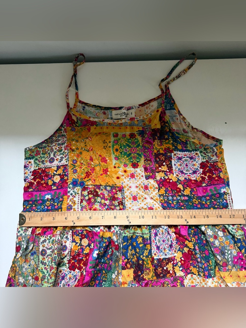 Natural Life Wide Leg Jumpsuit Patchwork Overalls Yellow Pink Size Small Boho - Picture 8 of 12